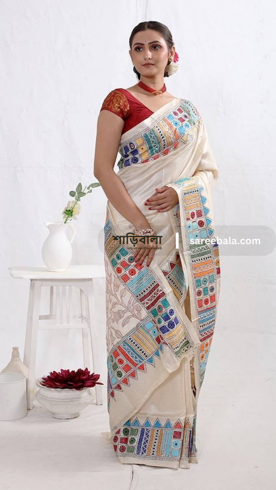 Cream Kantha Stitch Print  Pure Silk Saree With Blouse Piece | DG-127