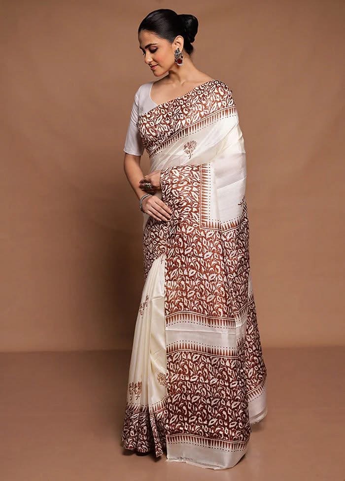Cream Digital Print Pure Silk Saree With Blouse Piece | DG-128