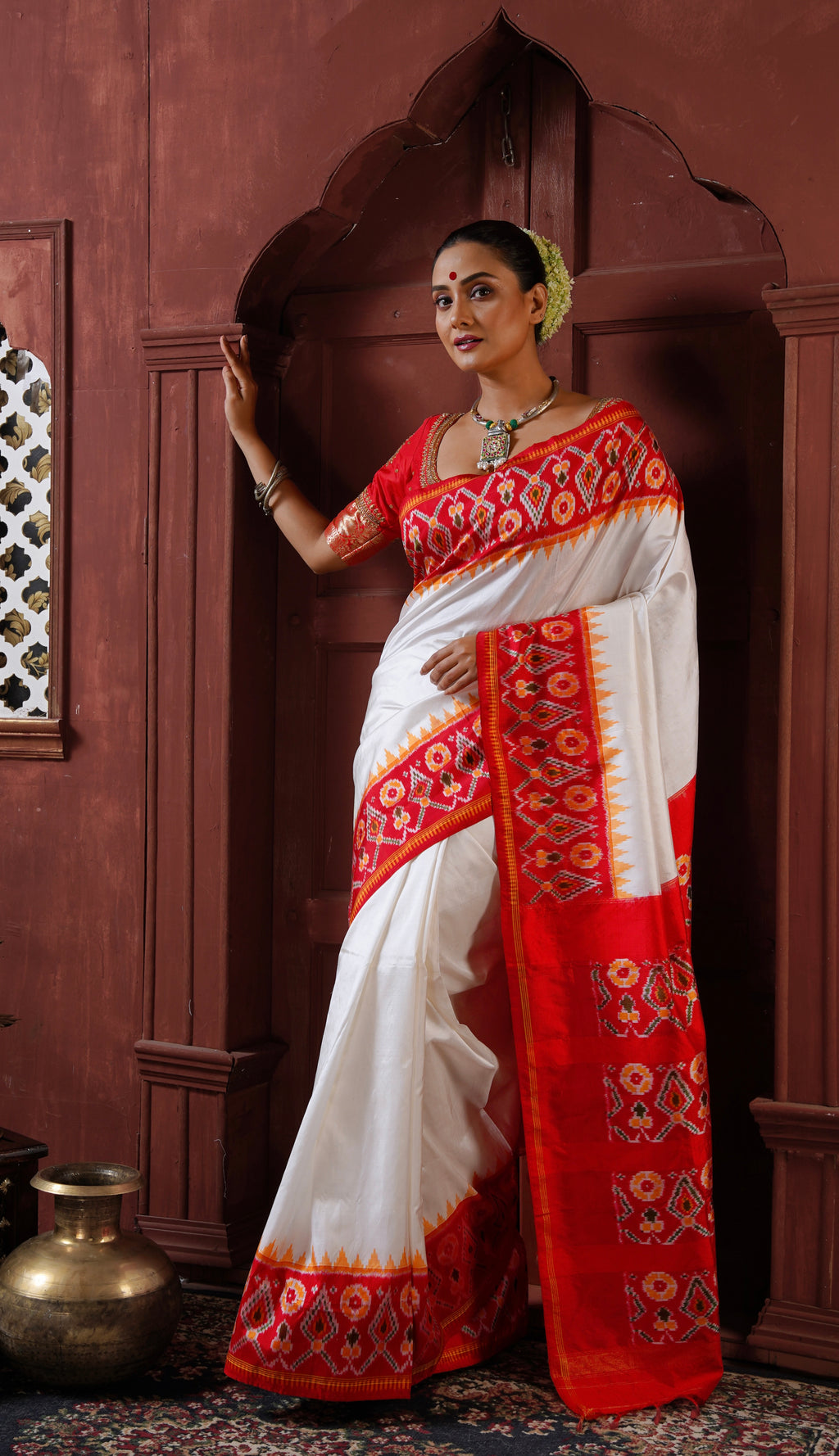 Pure Silk White Red Digital Print Saree | DG-205