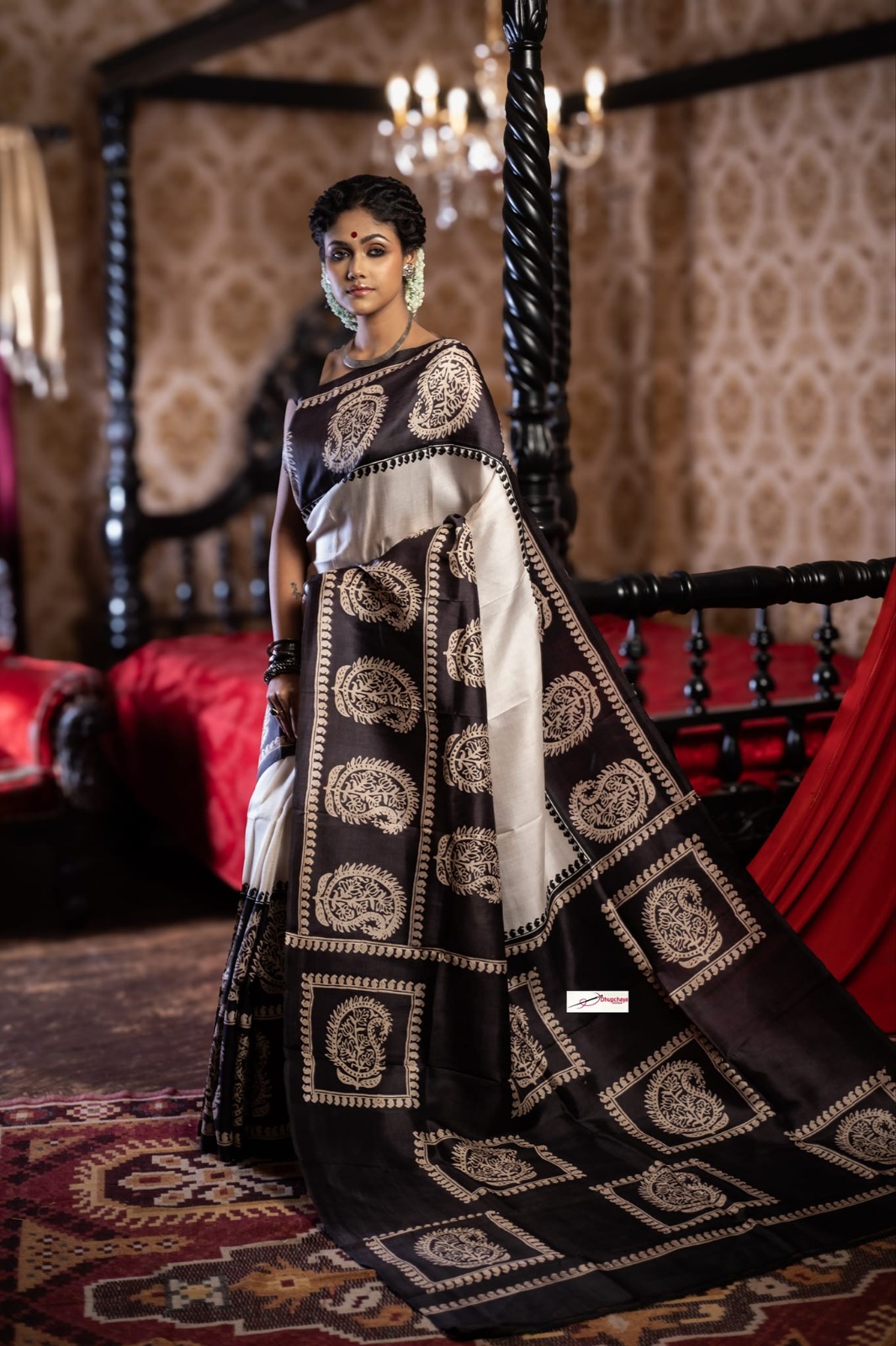 Elegant Black & Cream Digital Print Saree | DG-210