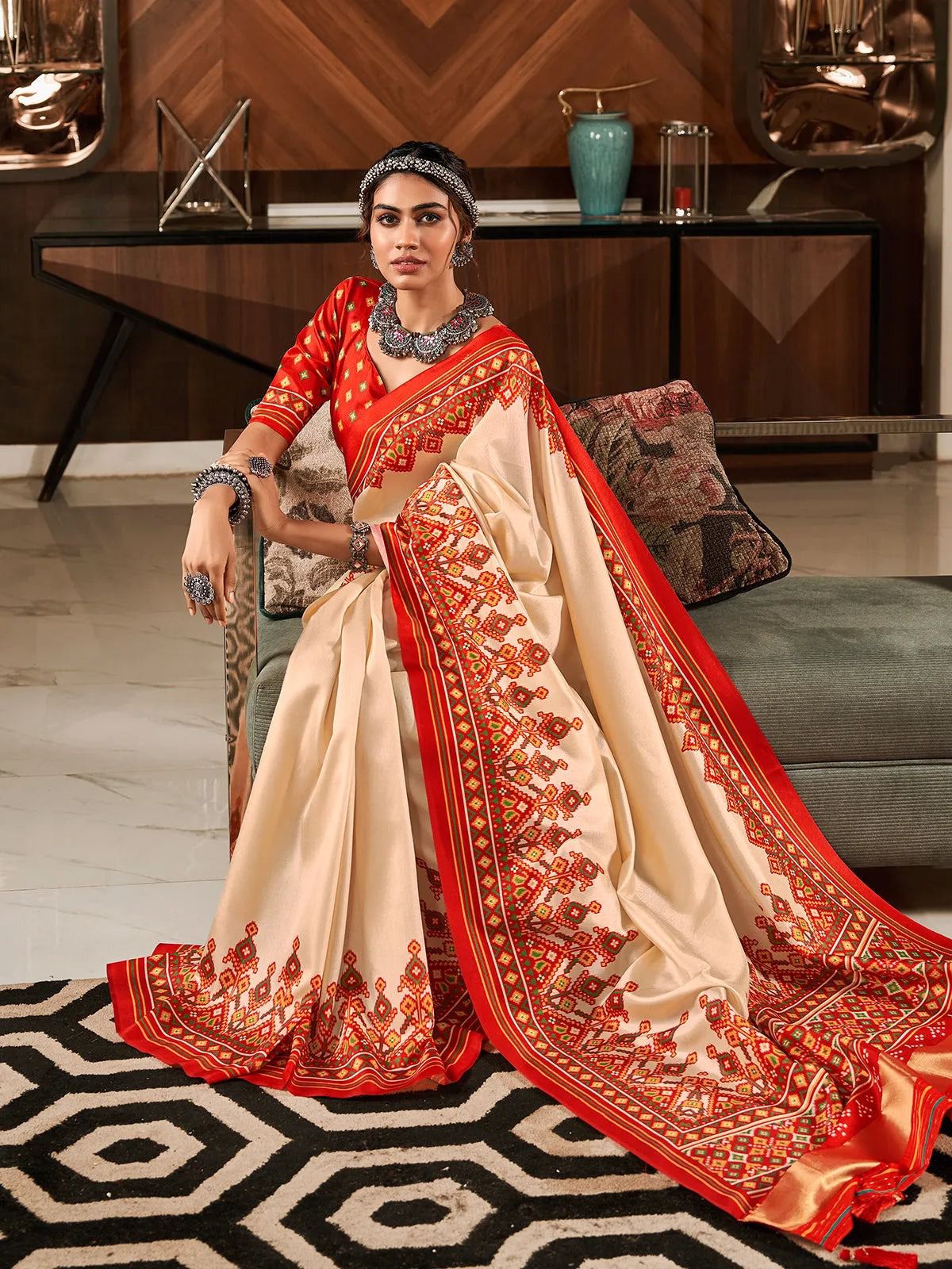 Cream pure Soft patola silk party contemporary saree | DG-211