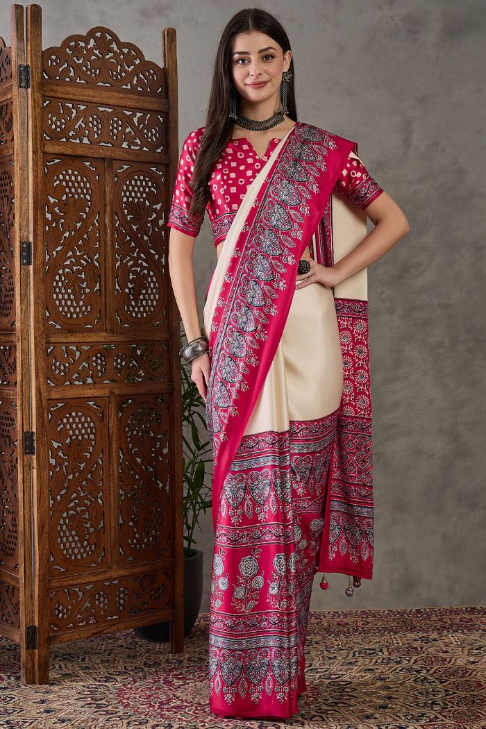 Dust Cream And Red Ajrakh Printed Soft Takely Silk Saree | DG-251