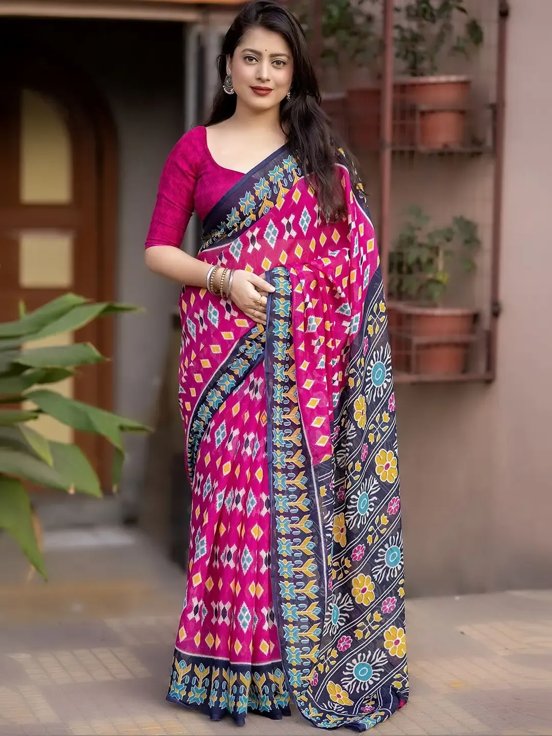 Ikat Design Digital Printed Chanderi Silk Saree With Blouse Piece
