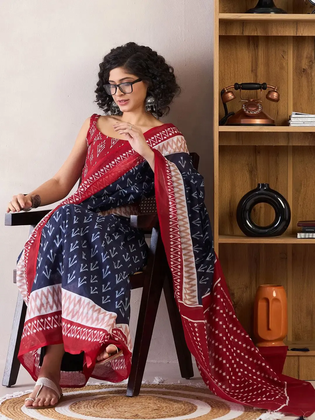 Ikat Design Digital Printed Chanderi Silk Saree With Blouse Piece
