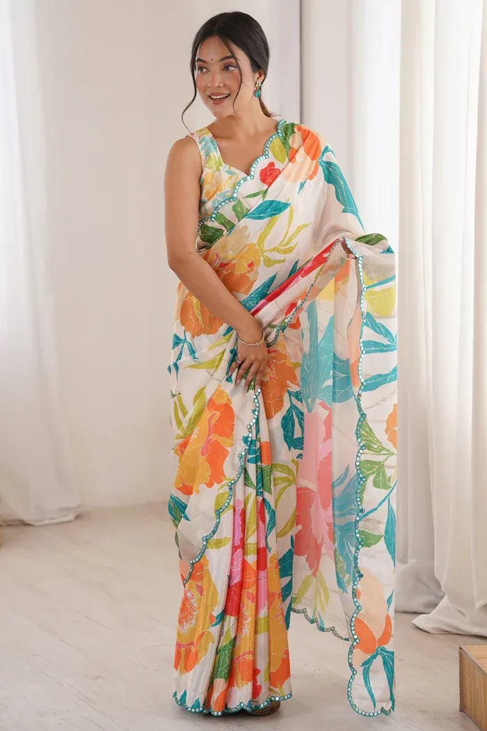 Chic Multicolor Floral Digital Printed Chanderi Silk Saree With Lace Embroidered Border Elegance