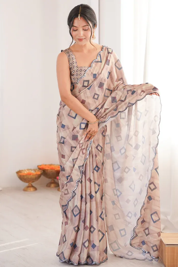 Elegant Cream Geometric Digital Printed Chanderi Silk Saree Accented With Intricate Lace Border