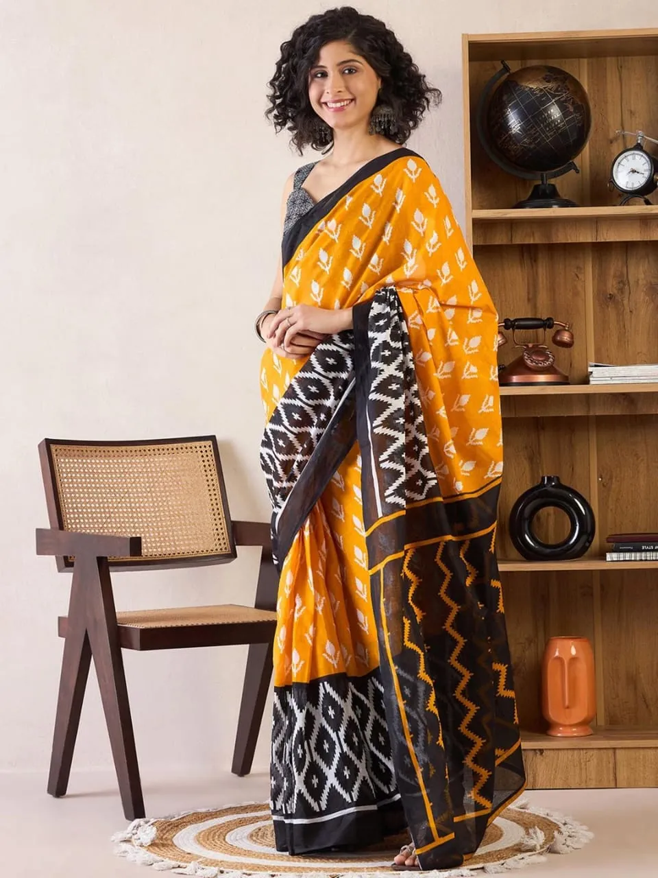 Ikat Design Digital Printed Chanderi Silk Saree With Blouse Piece