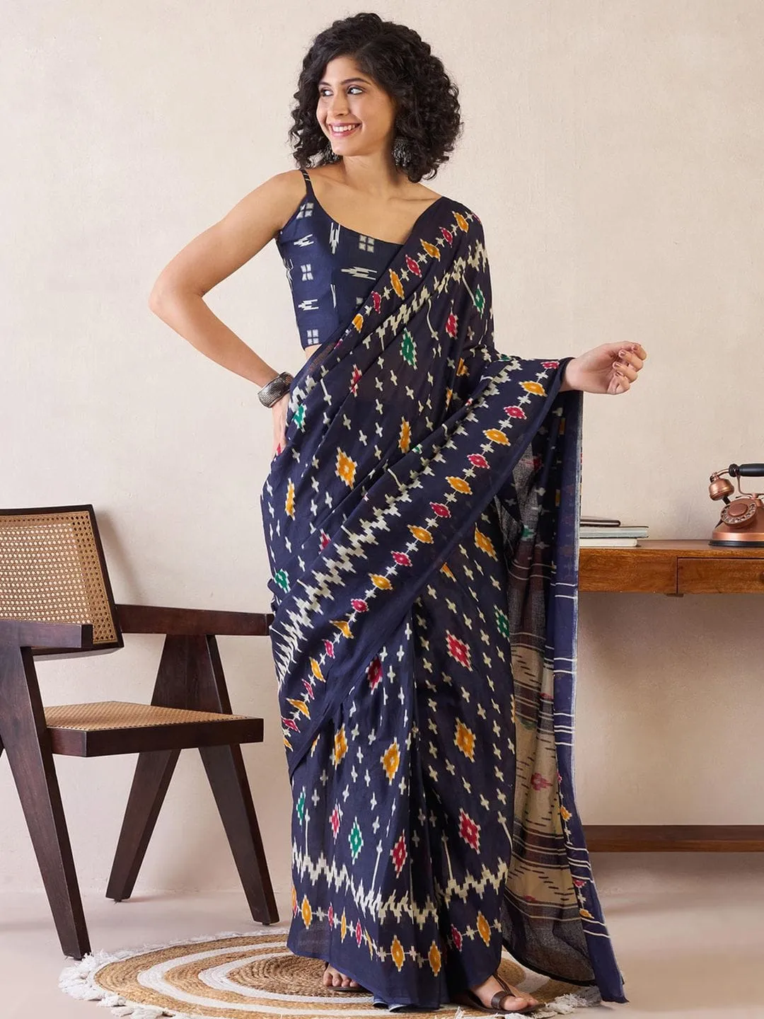 Ikat Design Digital Printed Chanderi Silk Saree With Blouse Piece
