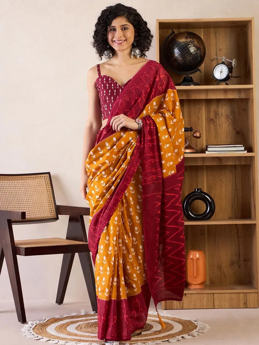 Ikat Design Digital Printed Chanderi Silk Saree With Blouse Piece