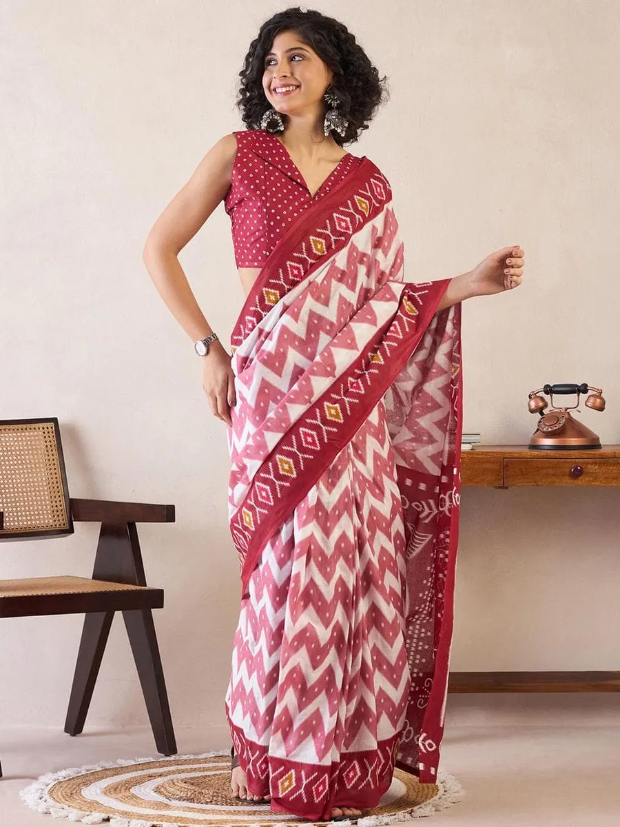 Ikat Design Digital Printed Chanderi Silk Saree With Blouse Piece