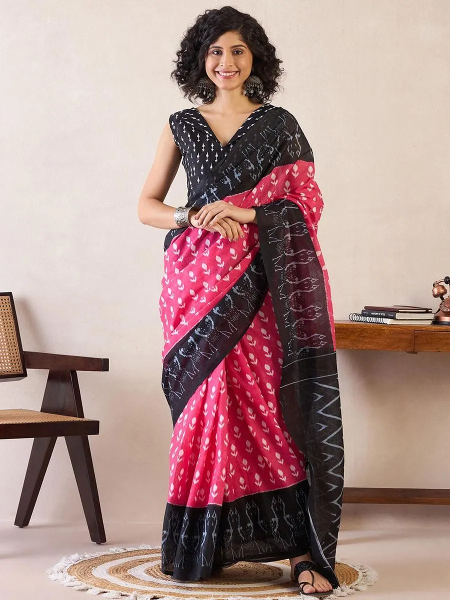 Ikat Design Digital Printed Chanderi Silk Saree With Blouse Piece
