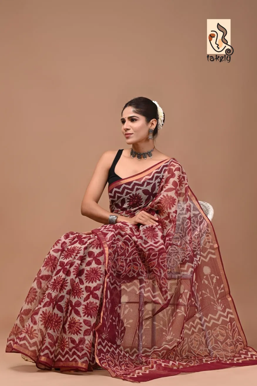Traditional Block Design Digital Print Kota Doria Cotton Saree - Maroon Polka