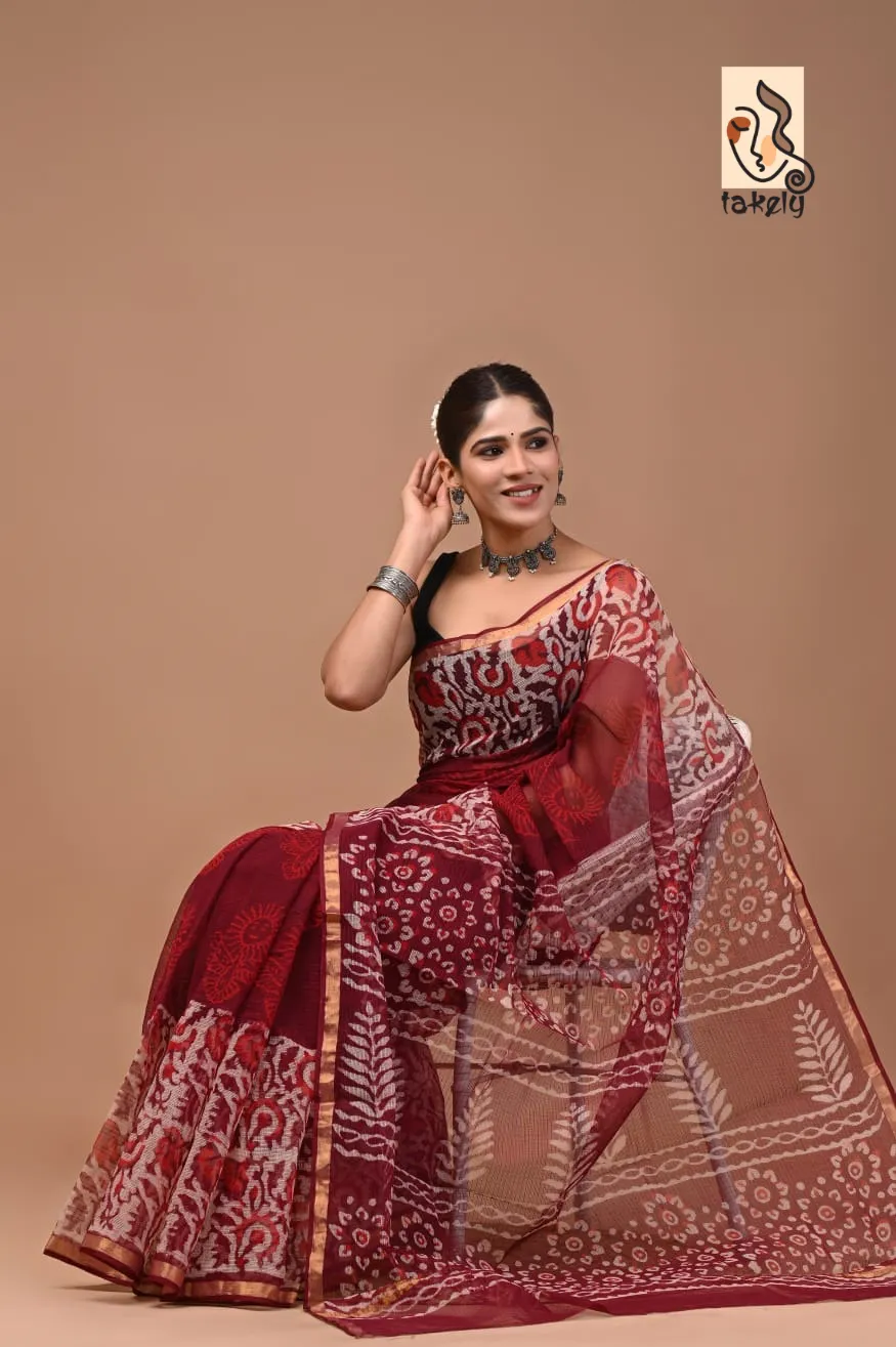 Traditional Block Design Digital Print Kota Doria Cotton Saree - Maroon Polka