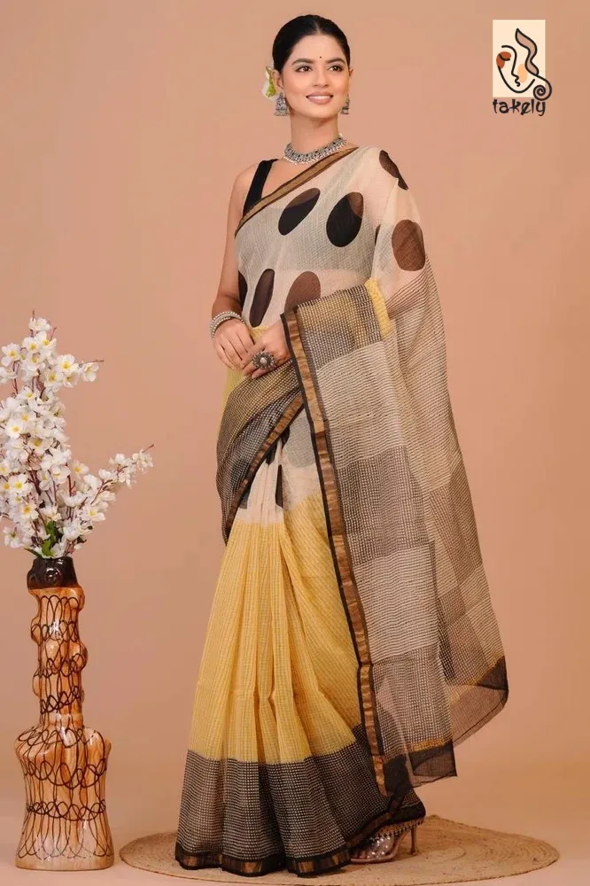 Traditional Block Design Digital Print Kota Doria Cotton Saree - Multicolour